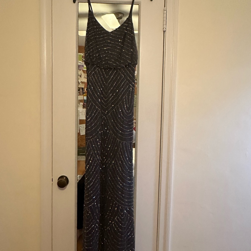 Adrianna Papell Dark Gray w/ Pewter beading.  Full length.